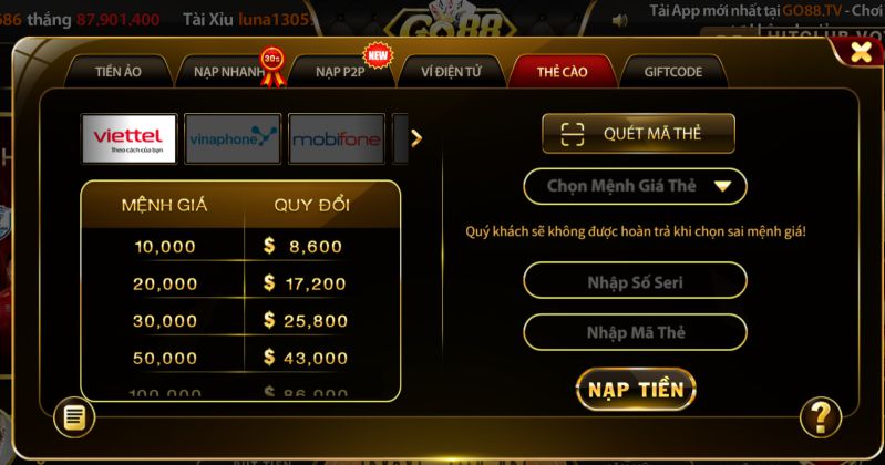 Nạp tiền Go88