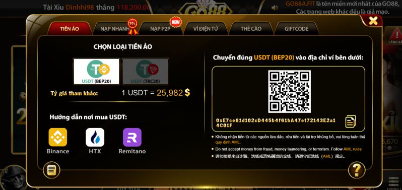 Nạp tiền Go88 bằng tiền mã hóa ẩn danh và không bị cản trở bởi rào cản địa lý